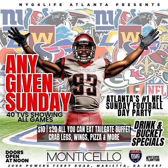 ANY GIVEN SUNDAY NFL DAY PARTY @ MONTICELLO - $20.00 ALL YOU CAN EAT BUFFET