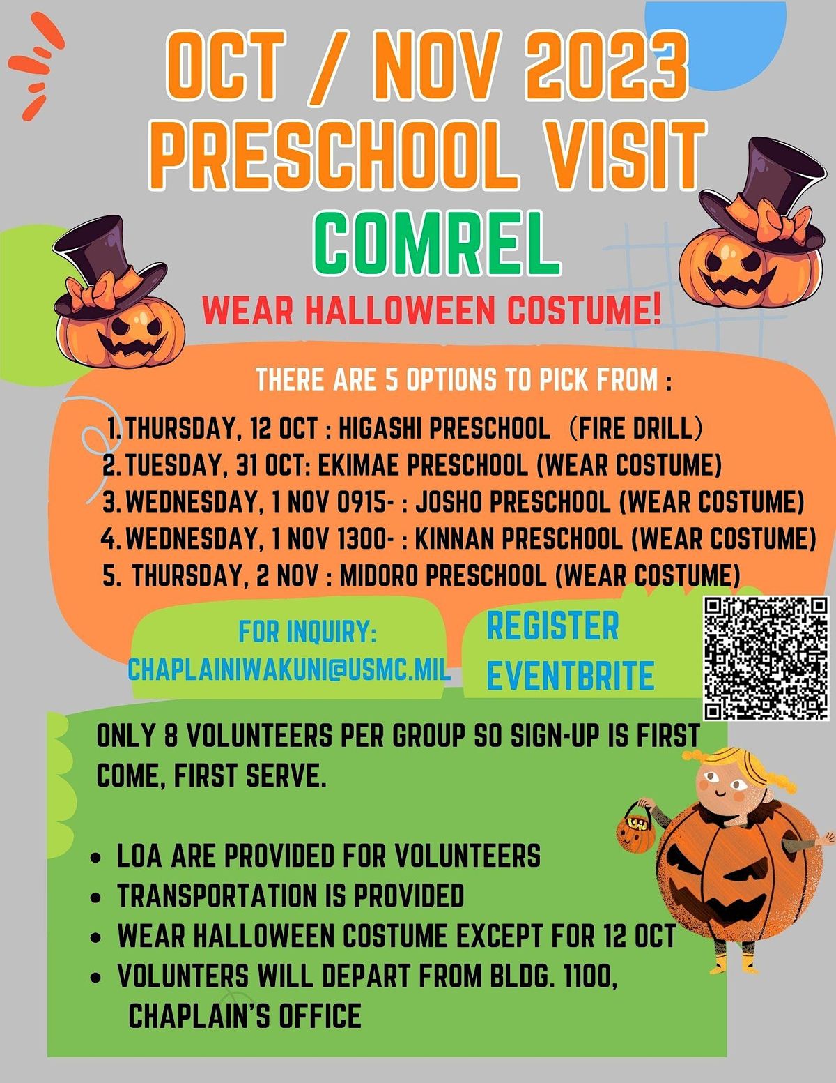 Oct\/Nov 2023 Preschool COMREL **Pick 1 day , 8 volunteers per preschool**