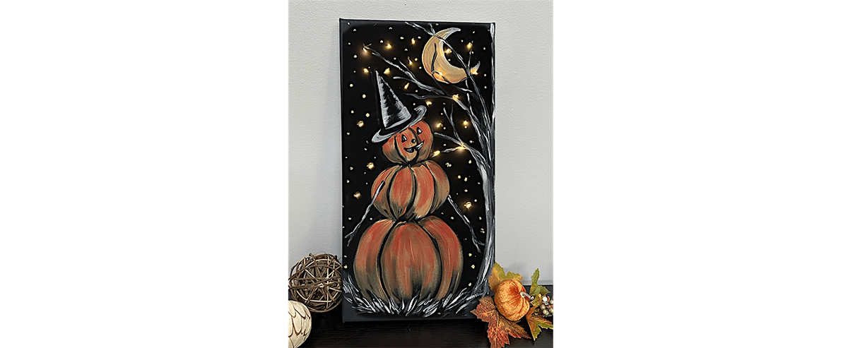 PUMPKIN Snowman Halloween Canvas with Lights Paint  & Sip Art Class