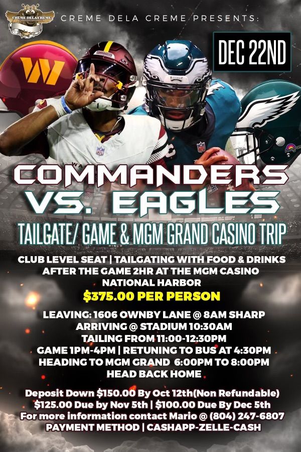 Washington Commanders vs Philadelphia Eagles Tailgate-Game (Club Level)- MGM Grand Casino Bus Trip