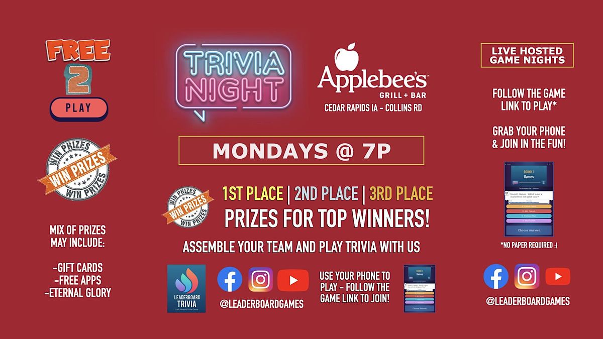 Trivia Night | Applebee's Grill + Bar - Collins Rd Cedar Rapids IA - MON 7p