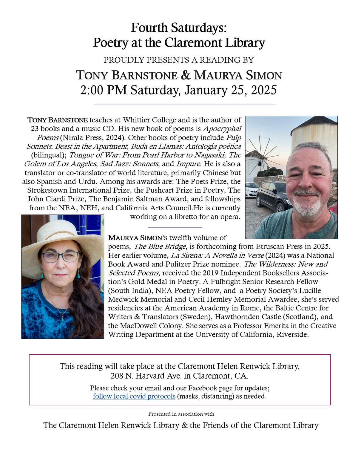 Fourth Saturdays Poetry: Tony Barnstone & Maurya Simon