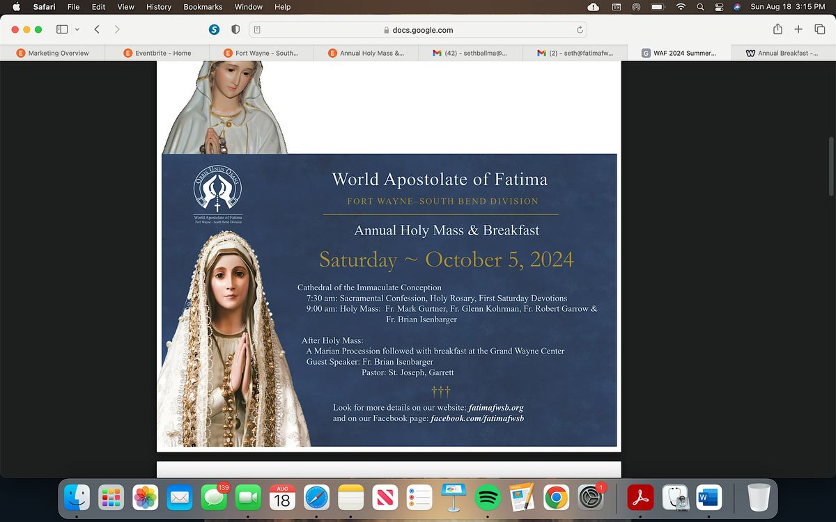 World Apostolate of Fatima Annual Holy Mass & Breakfast