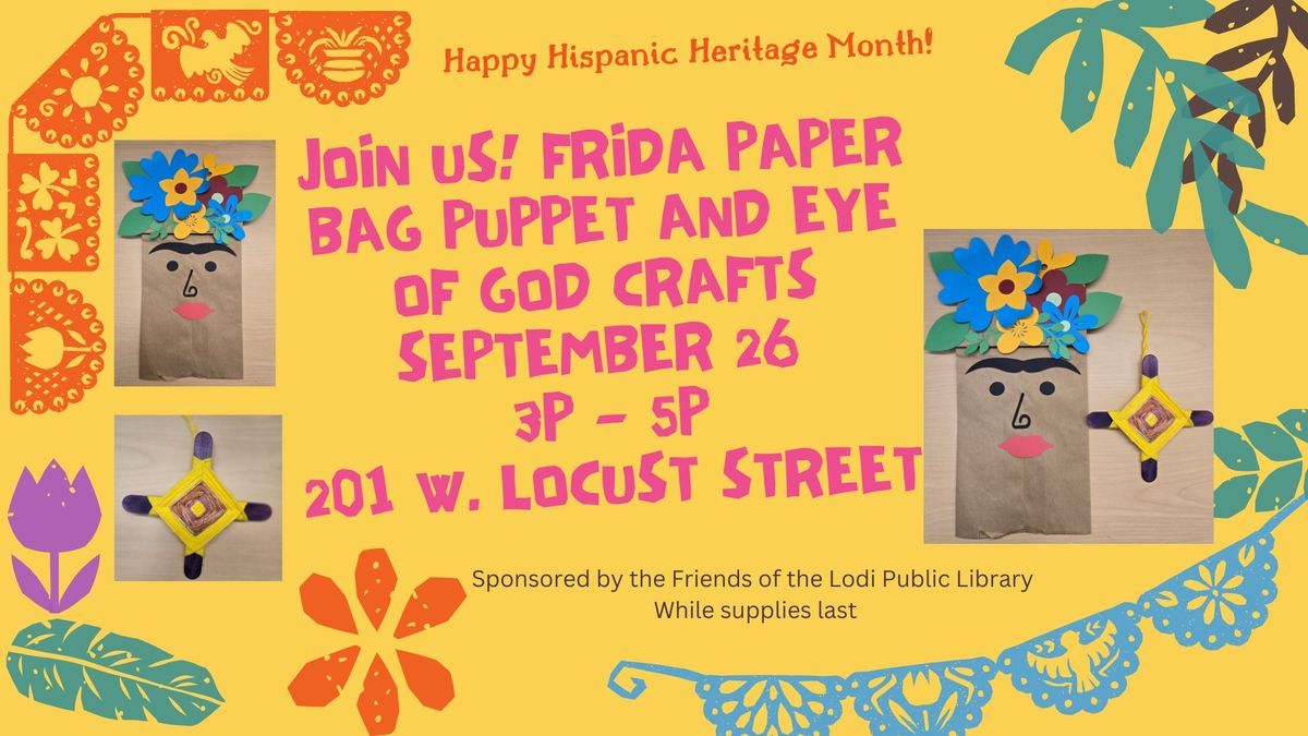 Frida puppet and Eye of God crafts celebrating Hispanic Heritage Month