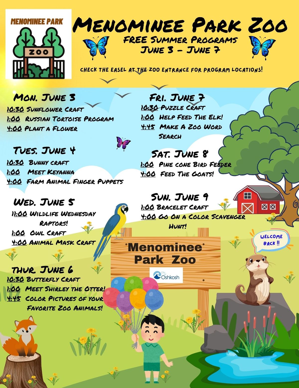 Menominee Park Zoo Free Summer Programs June 5 to June 11
