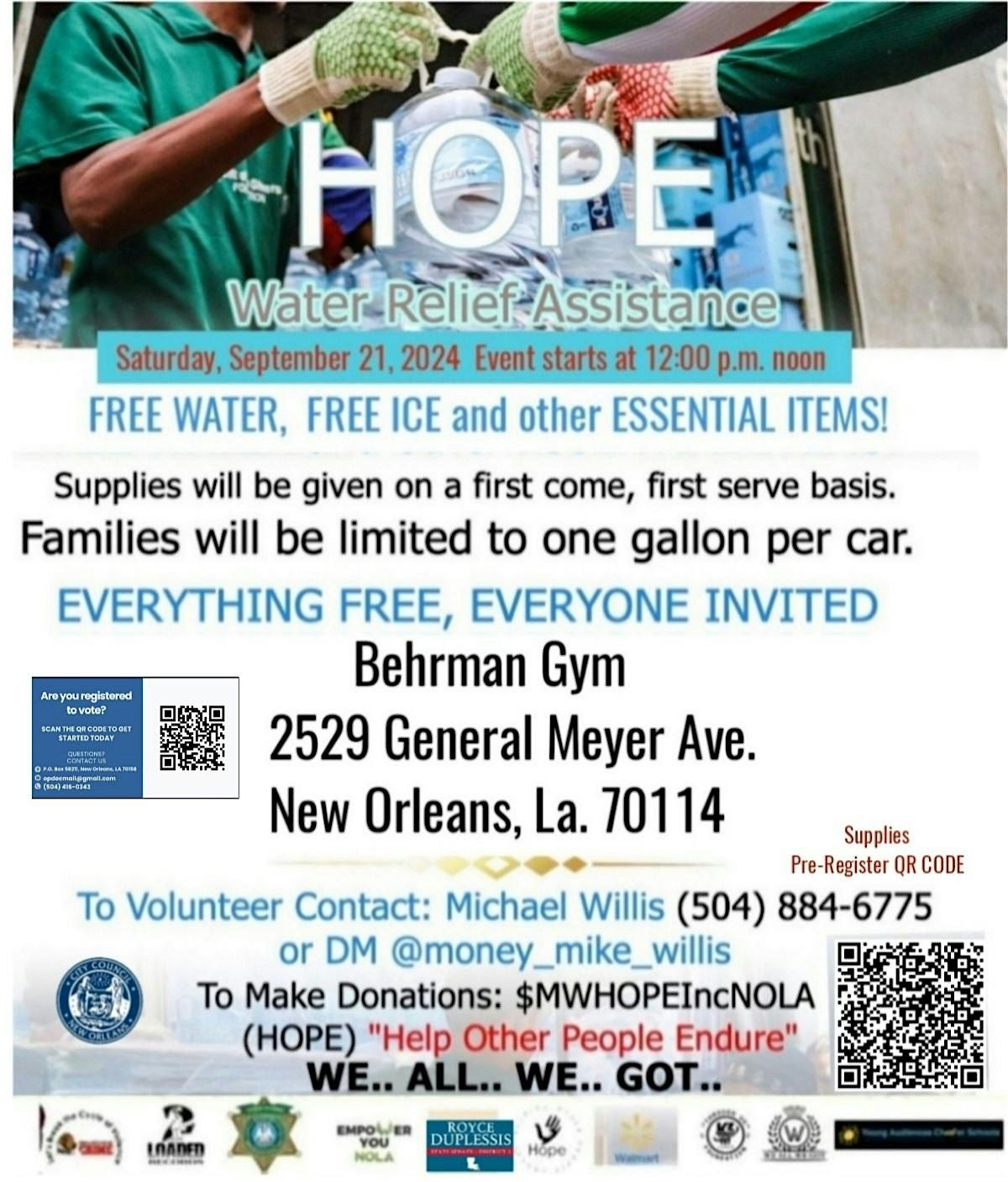 "HOPE" 500 Free Water and Free Ice Relief Assistance