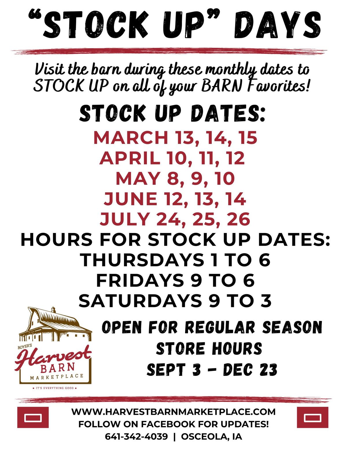 Harvest Barn Stock Up Days!