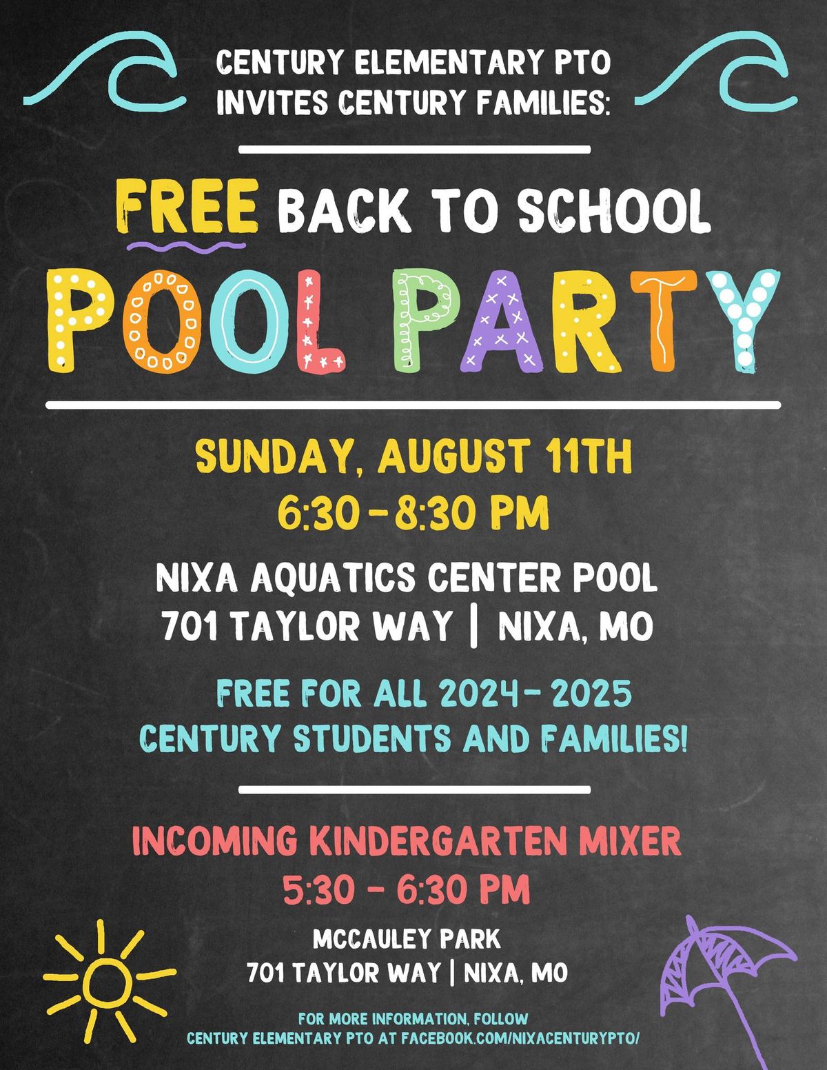 FREE Back to School Pool Party for 2024-2025 Century Elementary Students & Families