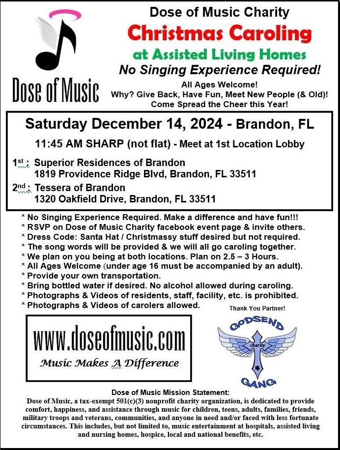 Christmas Caroling at Assisted Living Homes with Dose of Music Charity - Sat 12\/14 11:45 AM