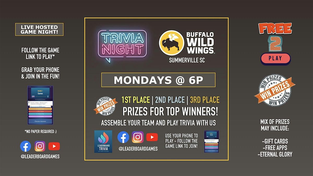 Trivia Night | Buffalo Wild Wings Summerville SC - MON 6p @LeaderboardGames