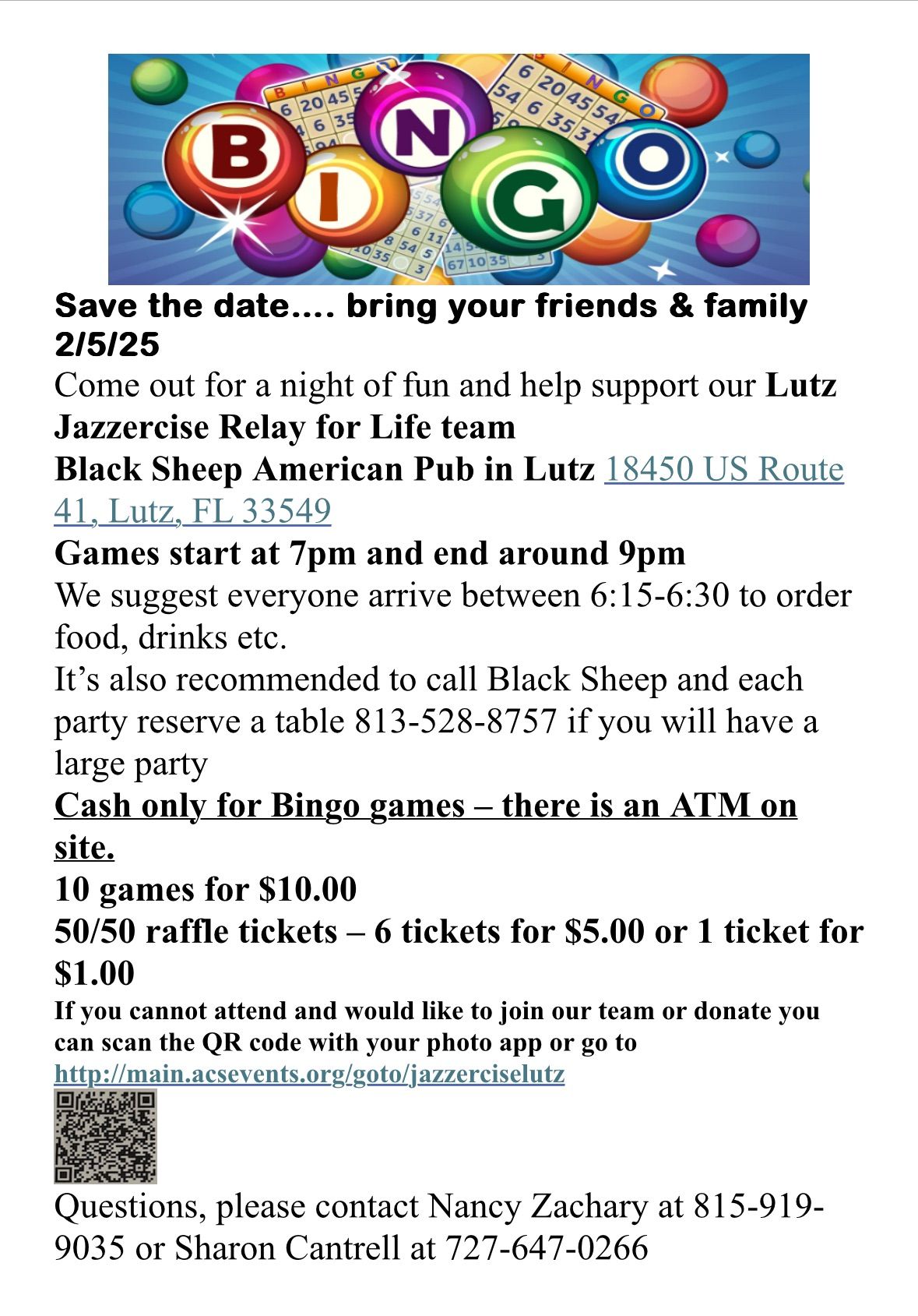 Bingo to benefit Lutz Jazzercise Relay for Life team