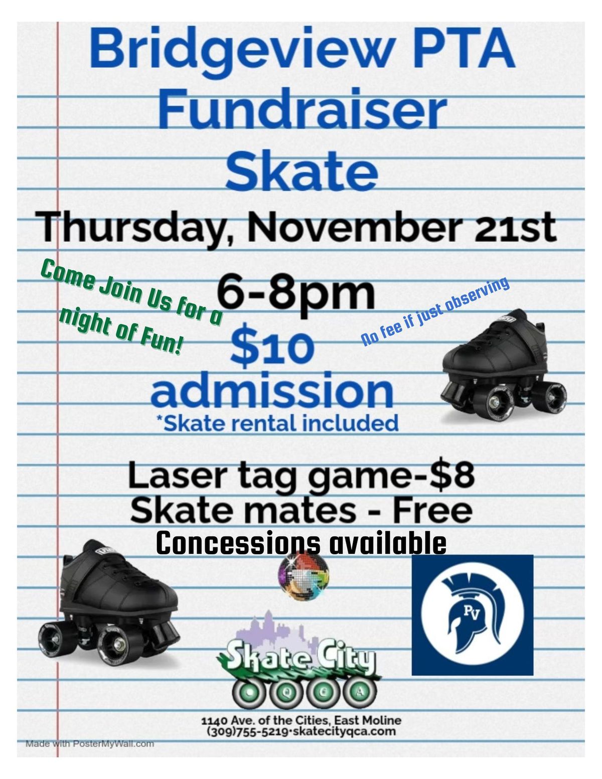 Join us next week Thursday November 21 at Skate City in East Moline 6-8pm