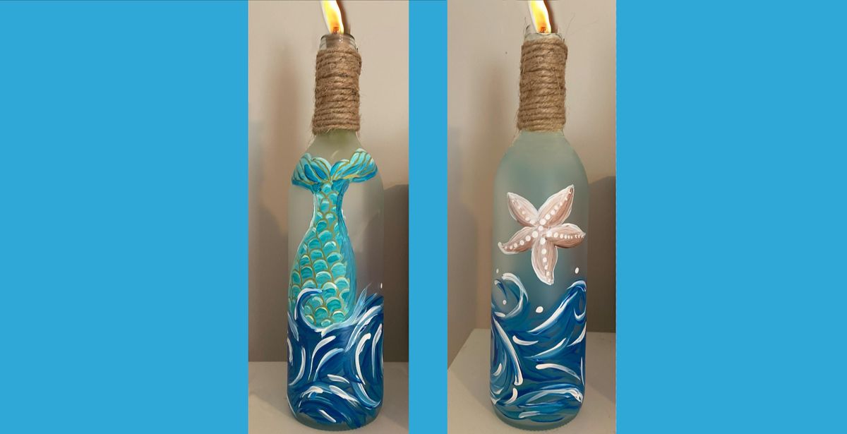 Beach Themed Wine Bottle Tiki Torch Paint & Sip Art Class Dolce Wadsworth