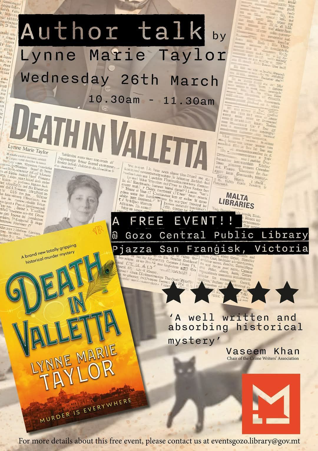 Death in Valletta\u2019 -  a library talk by historical crime fiction author, Lynne Marie Taylor 