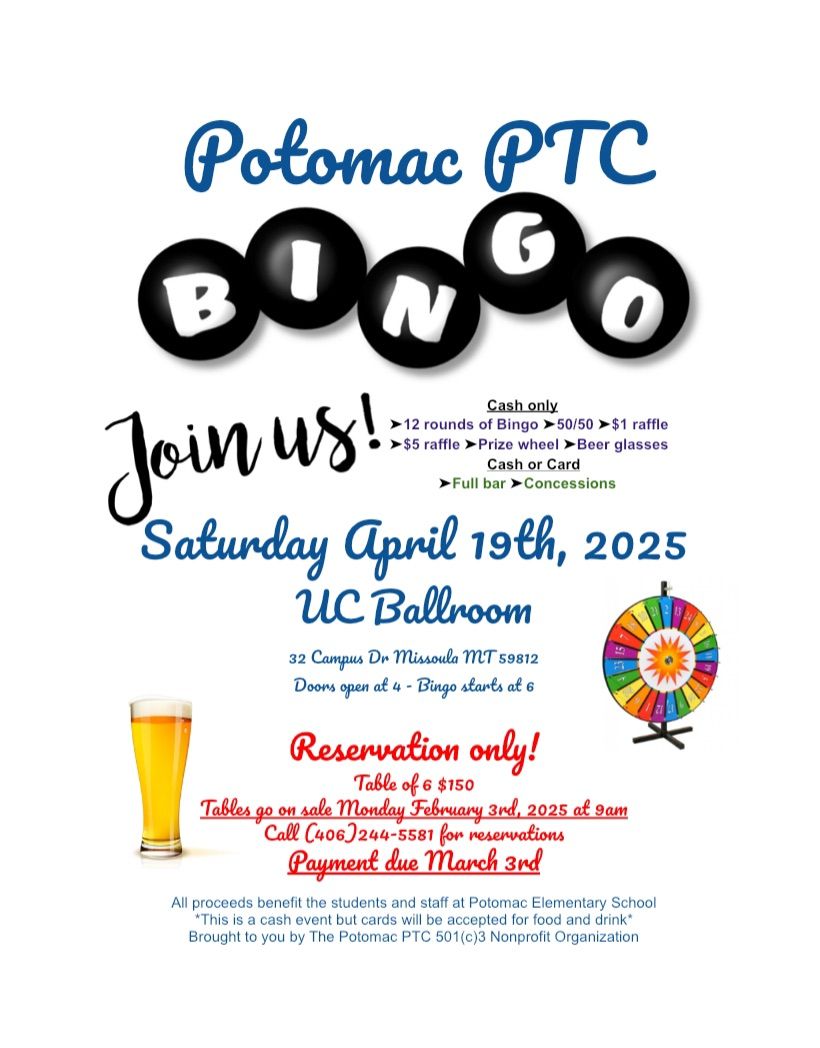 Potomac PTC Bingo(tables available Feb 3rd)