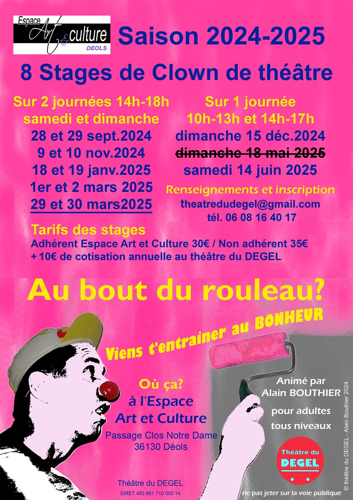 Stage de clown de th\u00e9\u00e2tre  - Week-end 29 et 30 mars 2025 \u00e0 D\u00e9ols