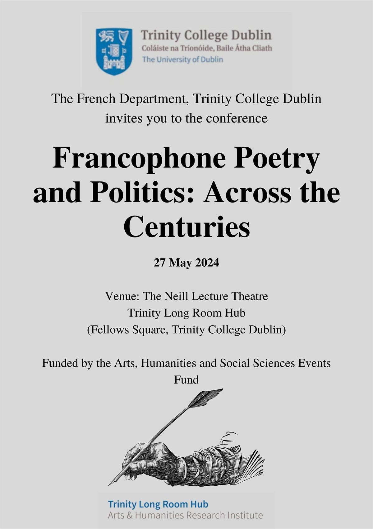 Francophone Poetry & Politics Conference, Trinity College Dublin, 27 May