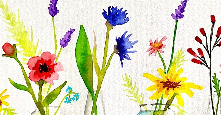 Watercolor Wine Night - Wildflowers in Vases