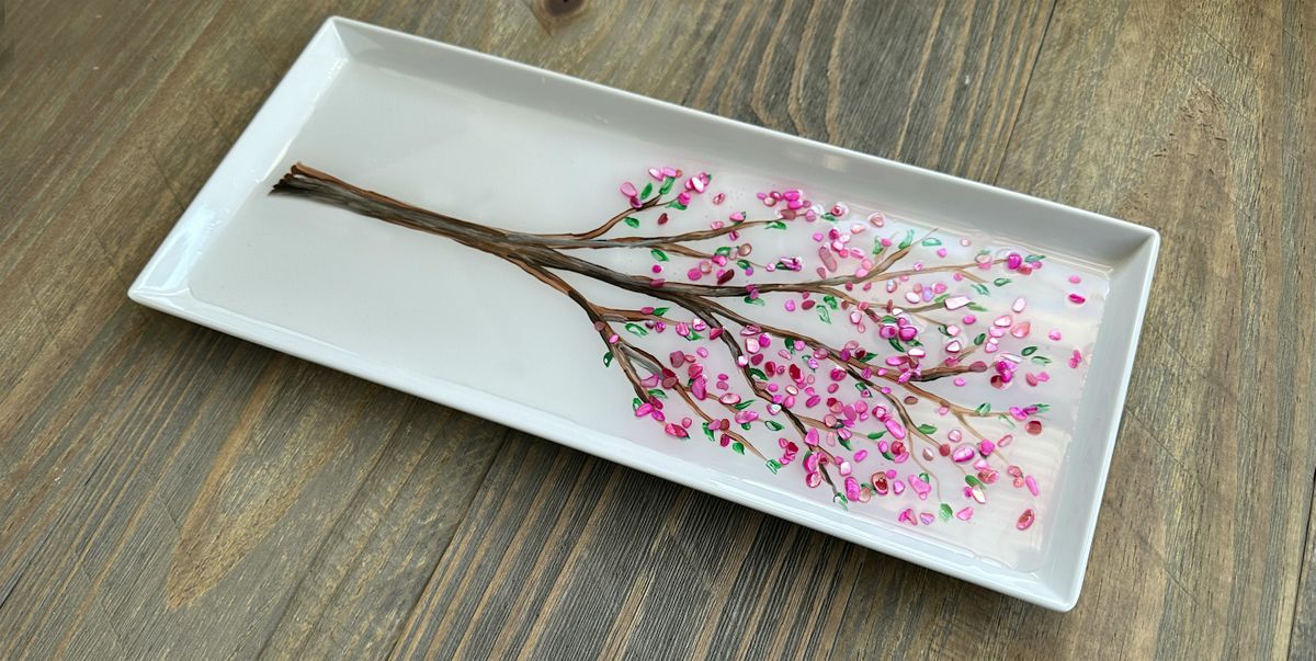 Crushed Glass & Resin Cherry Blossom Charcuterie Tray Paint Sip Art Class