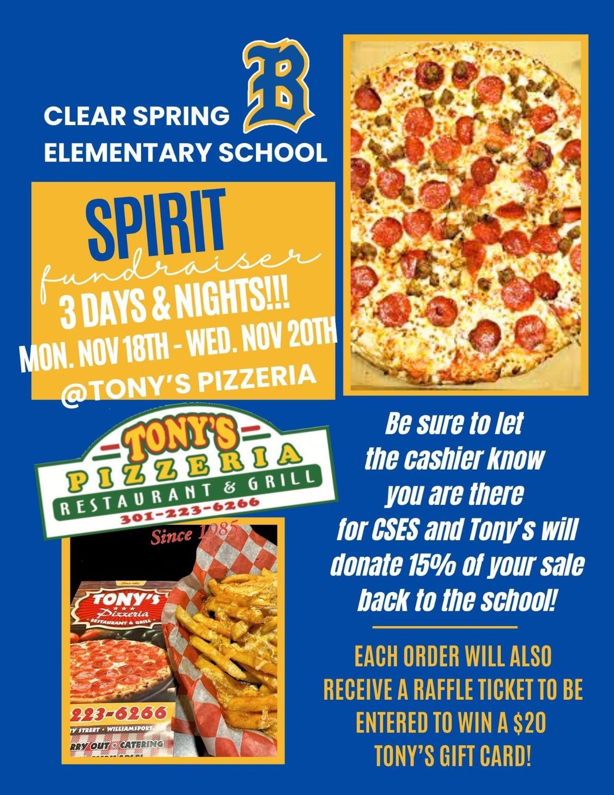 CSES PTA Spirit Fundraiser at Tony\u2019s Pizza