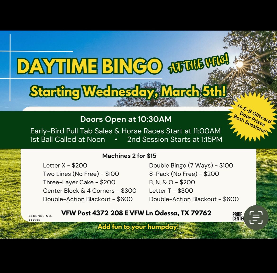 Wednesday Daytime Bingo @ VFW Post 4372 Odessa