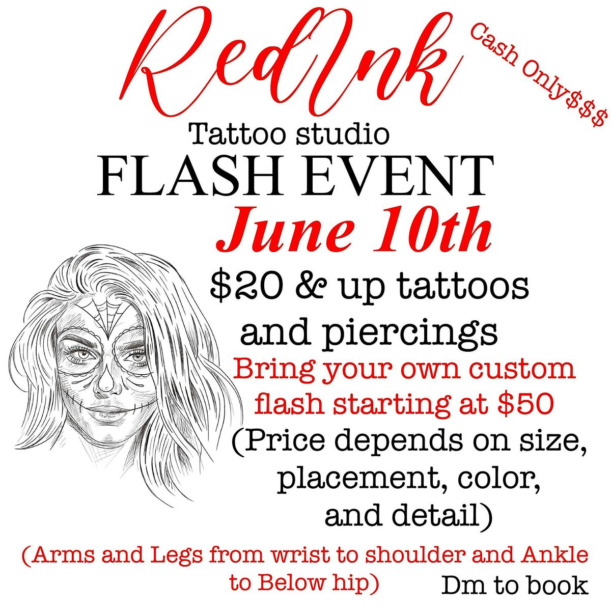 FLASH $20 $35 AND UP TATTOOS AND PIERCINGS JUNE 10TH