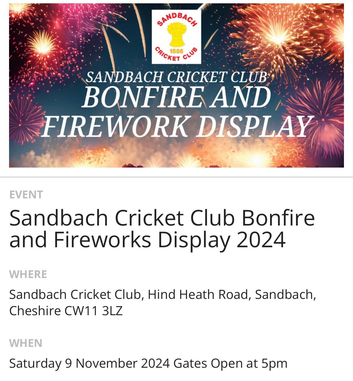 Sandbach Cricket Club - Bonfire and Fireworks 