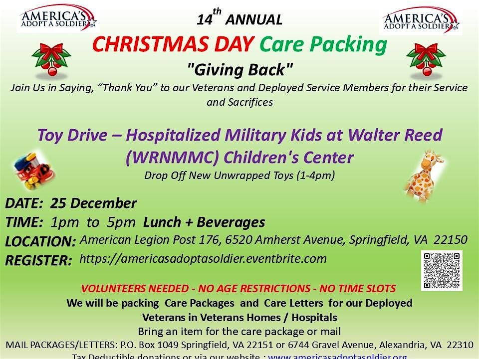 15 th Annual Christmas Day  Care Packing for our Deployed & Toy Drive
