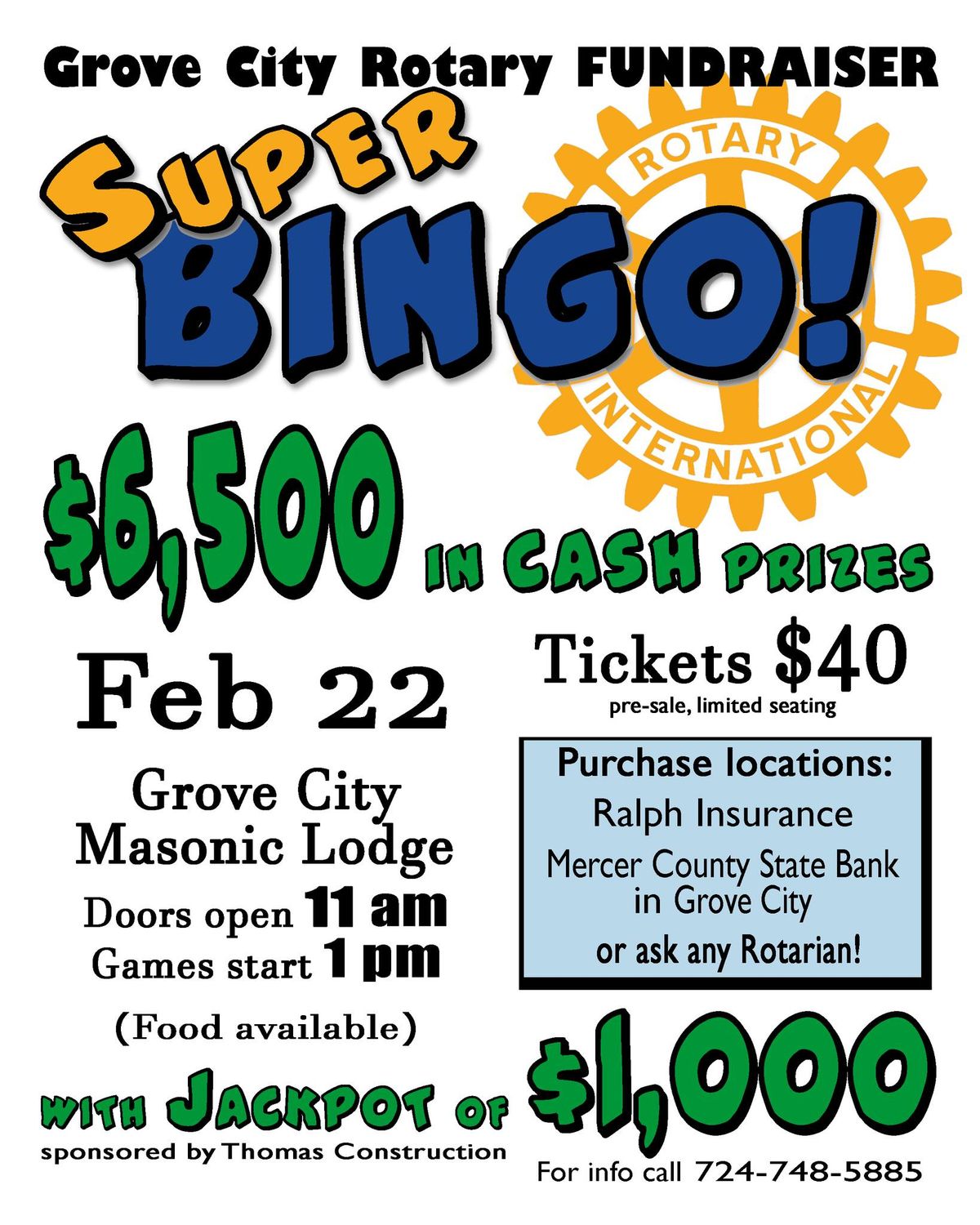 SUPER BINGO Rotary Fundraiser ($6,500 in cash prizes)