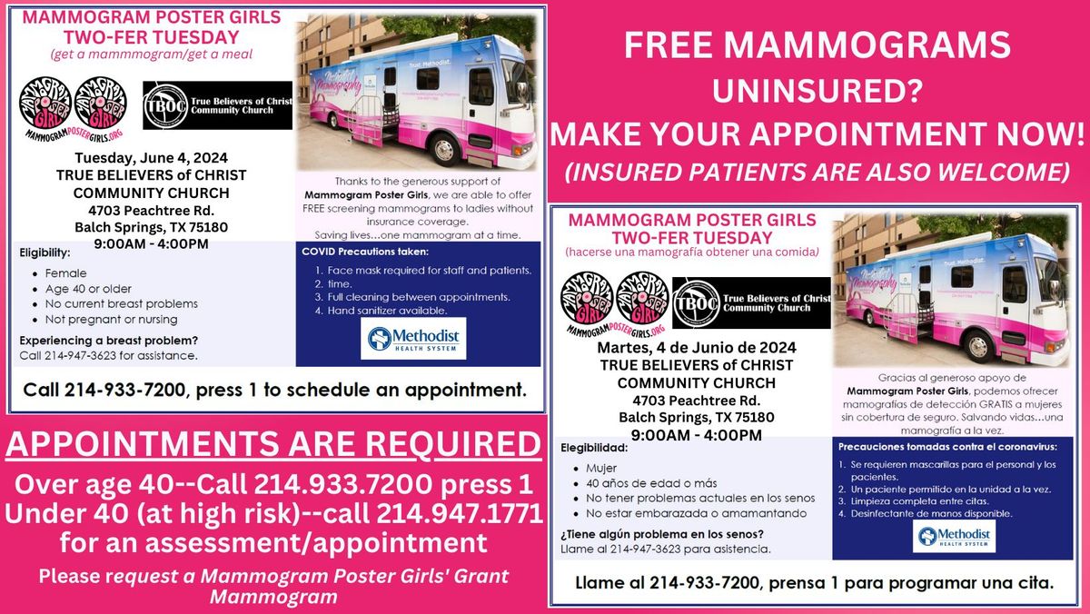 FREE MAMMOGRAMS! MPG's JUNE 4th, 2024 Two-Fer Tuesday: True Believers of Christ Community Church