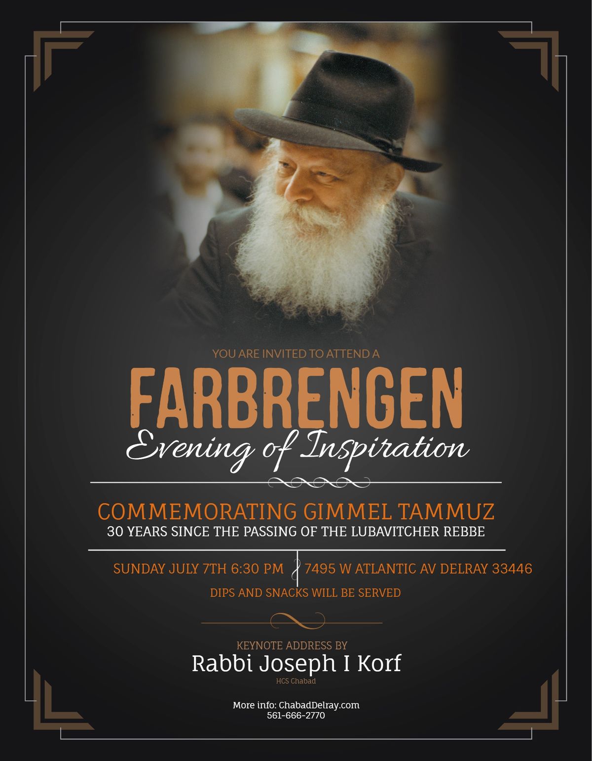 Farbrengen Gimmel Tammuz with Guest Speaker Rabbi Joseph I Korf