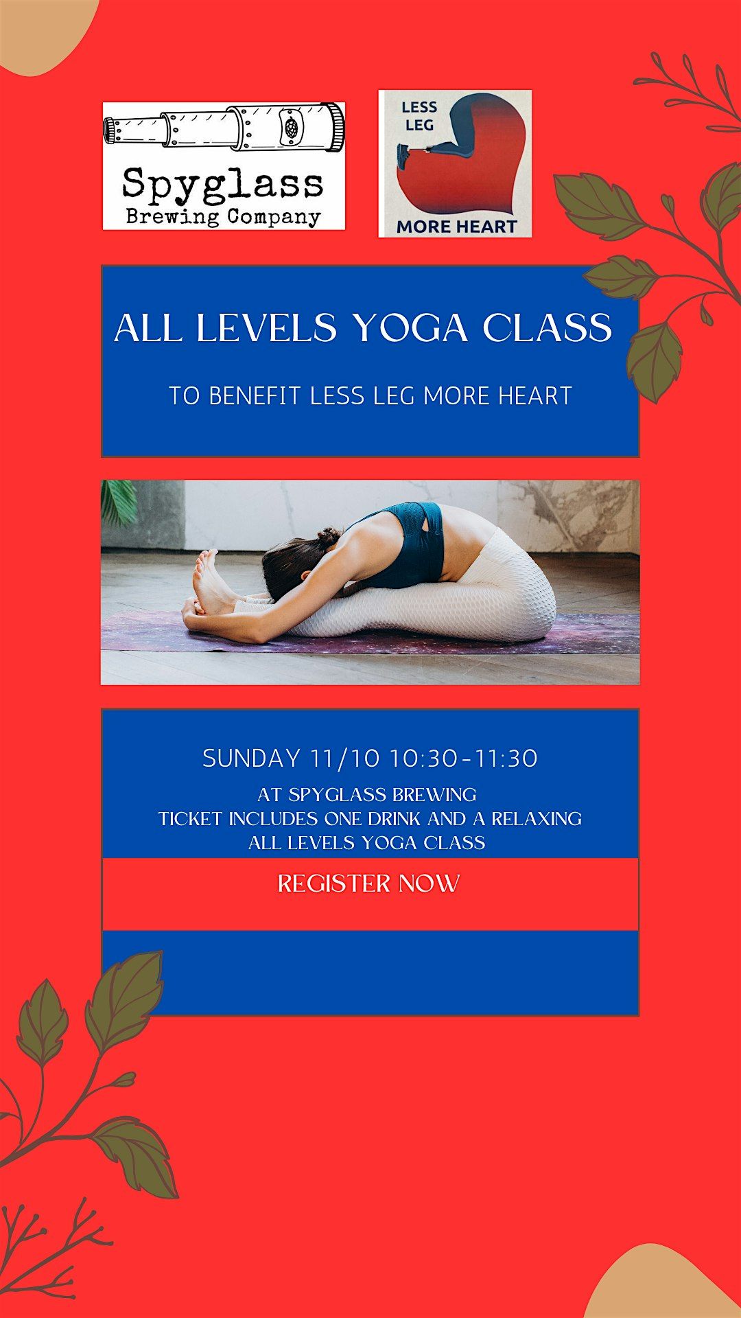 Charity Yoga All Levels Class to benefit Less Leg More Heart @ Spyglass Brewing!