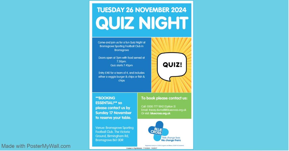 Blue Cross Quiz Night 26 Nov 2024