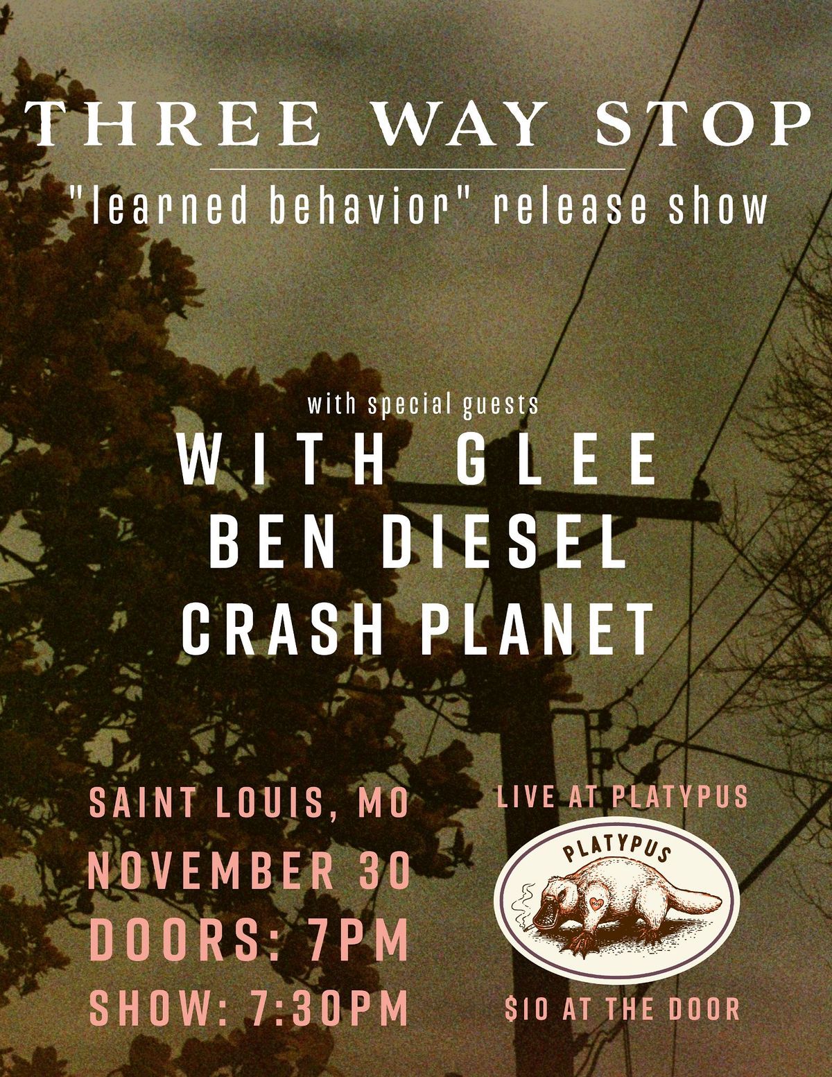 Three Way Stop (EP Release Show), Crash Planet (IL), Ben Diesel + With Glee at Platypus