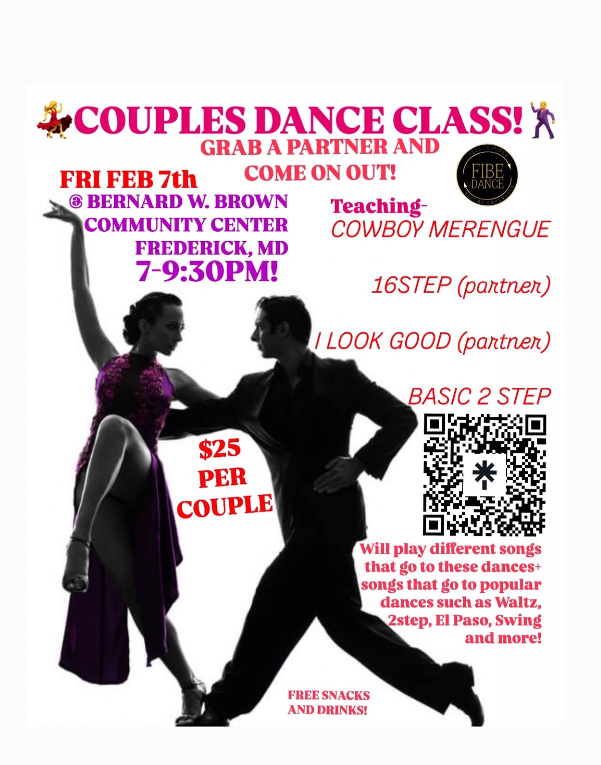 COUPLES DANCE CLASS! 7-9:30PM FRI FEB 7. 