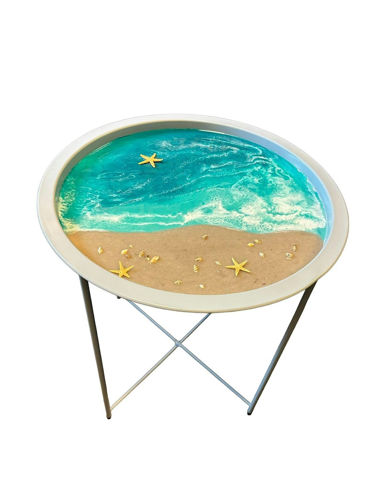 Beach Resin Seascape Workshop on a Metal Folding Tray Table