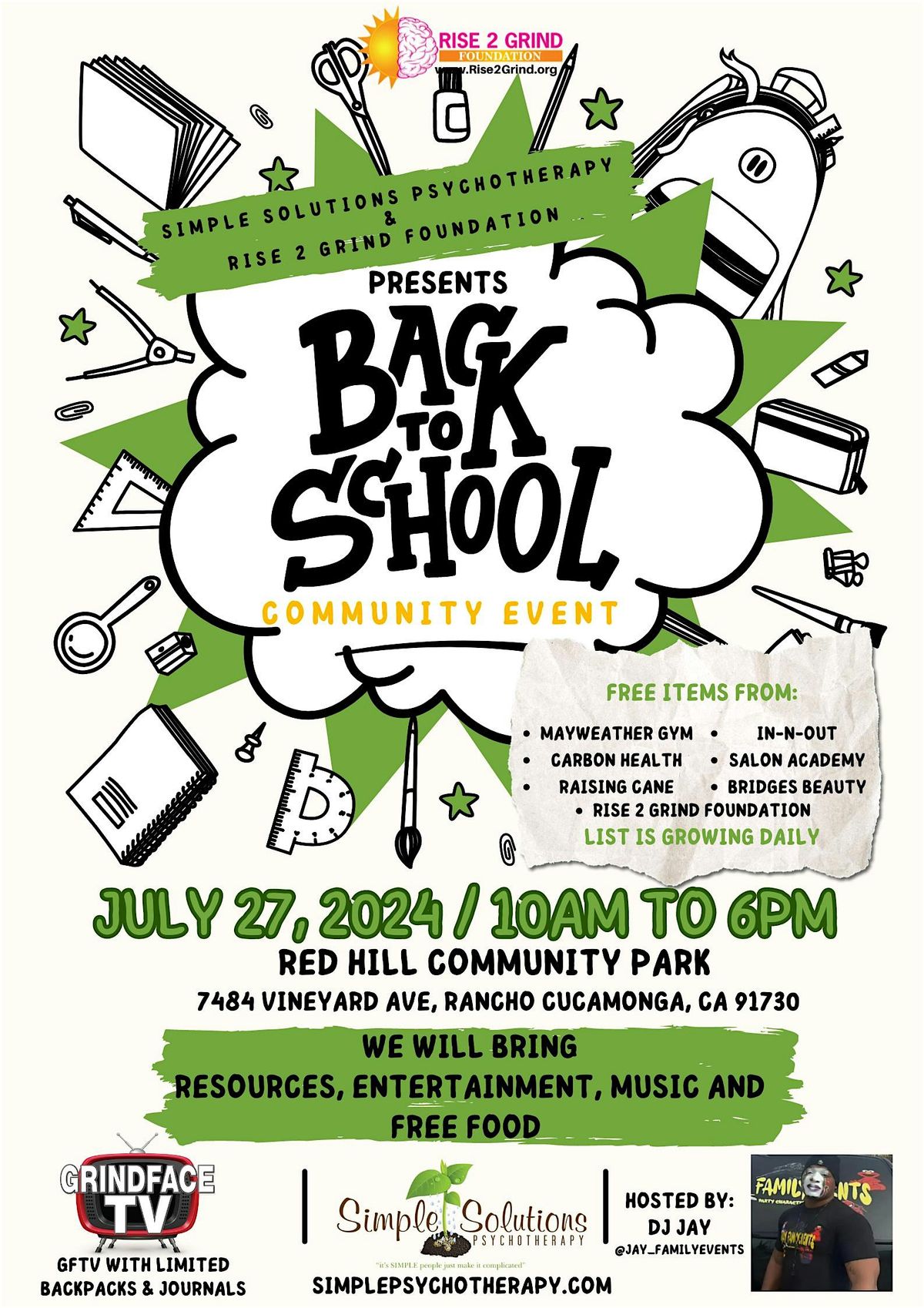 Simple Solutions Psychotherapy and Rise 2 Grind Foundation Presents: Back To School Community Event