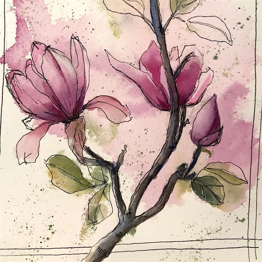 Loose Magnolias with Watercolor and Ink
