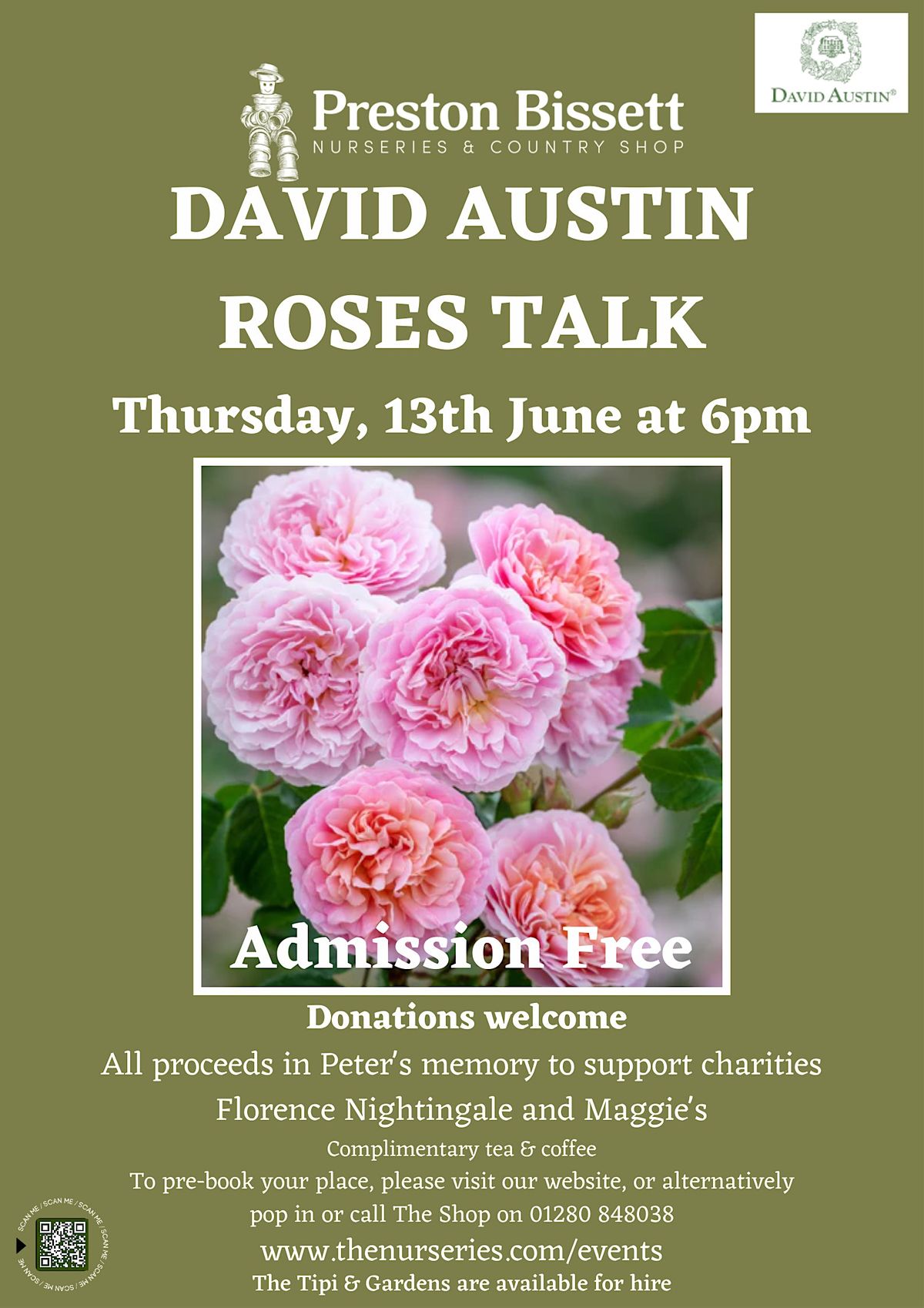 CHARITY DAVID AUSTIN ROSE TALK- THURSDAY 13th JUNE 2024 6pm -  7.30pm
