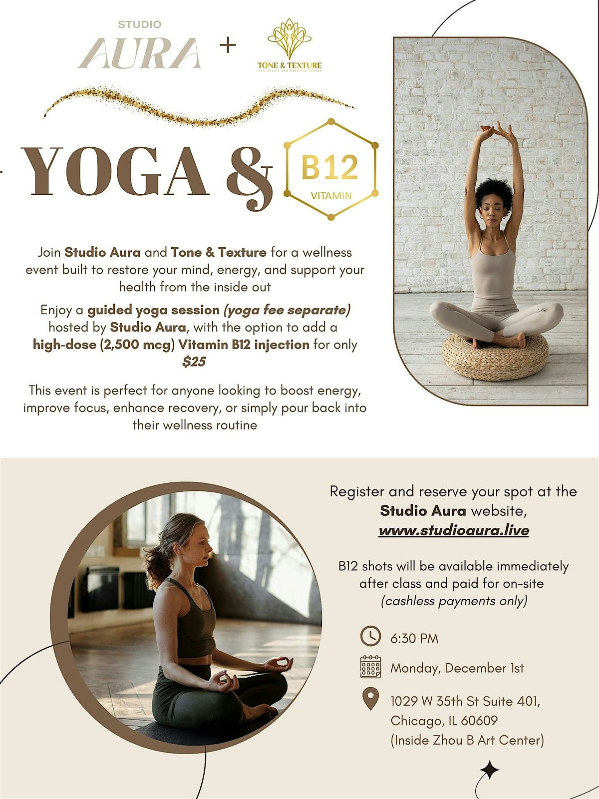 Yoga & B12s \u2014 Studio Aura x Tone & Texture Aesthetics and Wellness