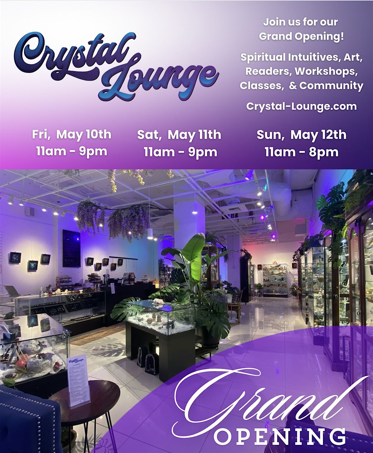 Crystal Lounge Grand Opening day 2\/3: Healers, Classes, Discounts, Happy Hour, Crystals, More!