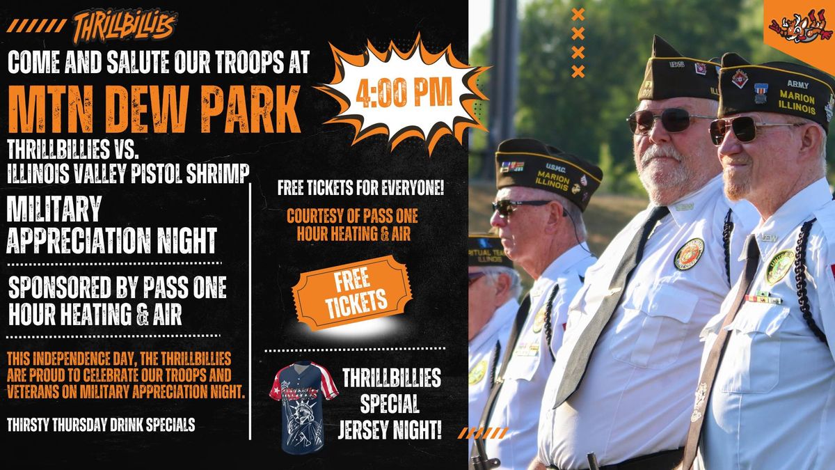 FREE TICKET GAME: Military Appreciation Night - Thillbillies vs. Illinois Valley Pistol Shrimp