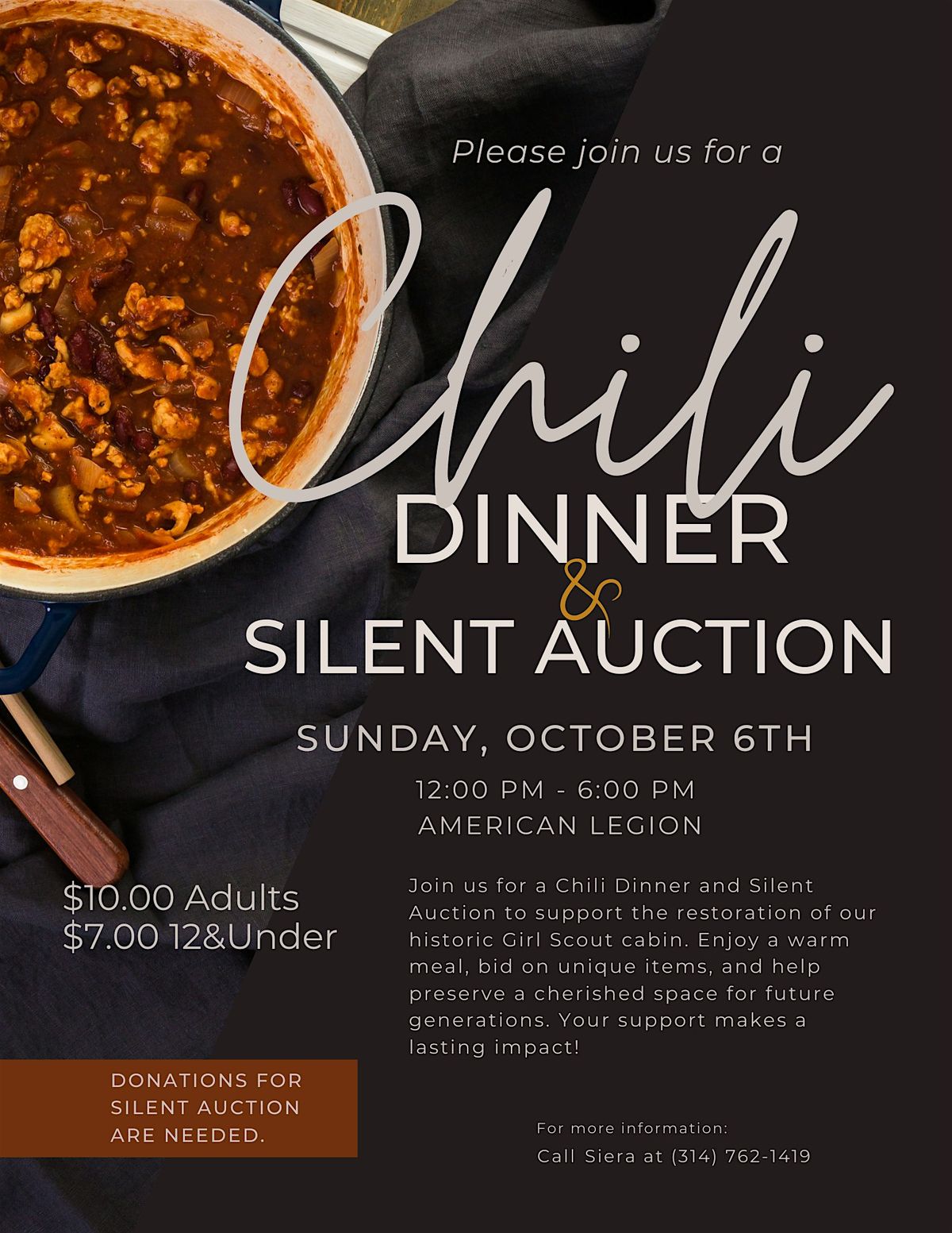 Chili Dinner & Silent Auction for Historic GS Cabin Restoration