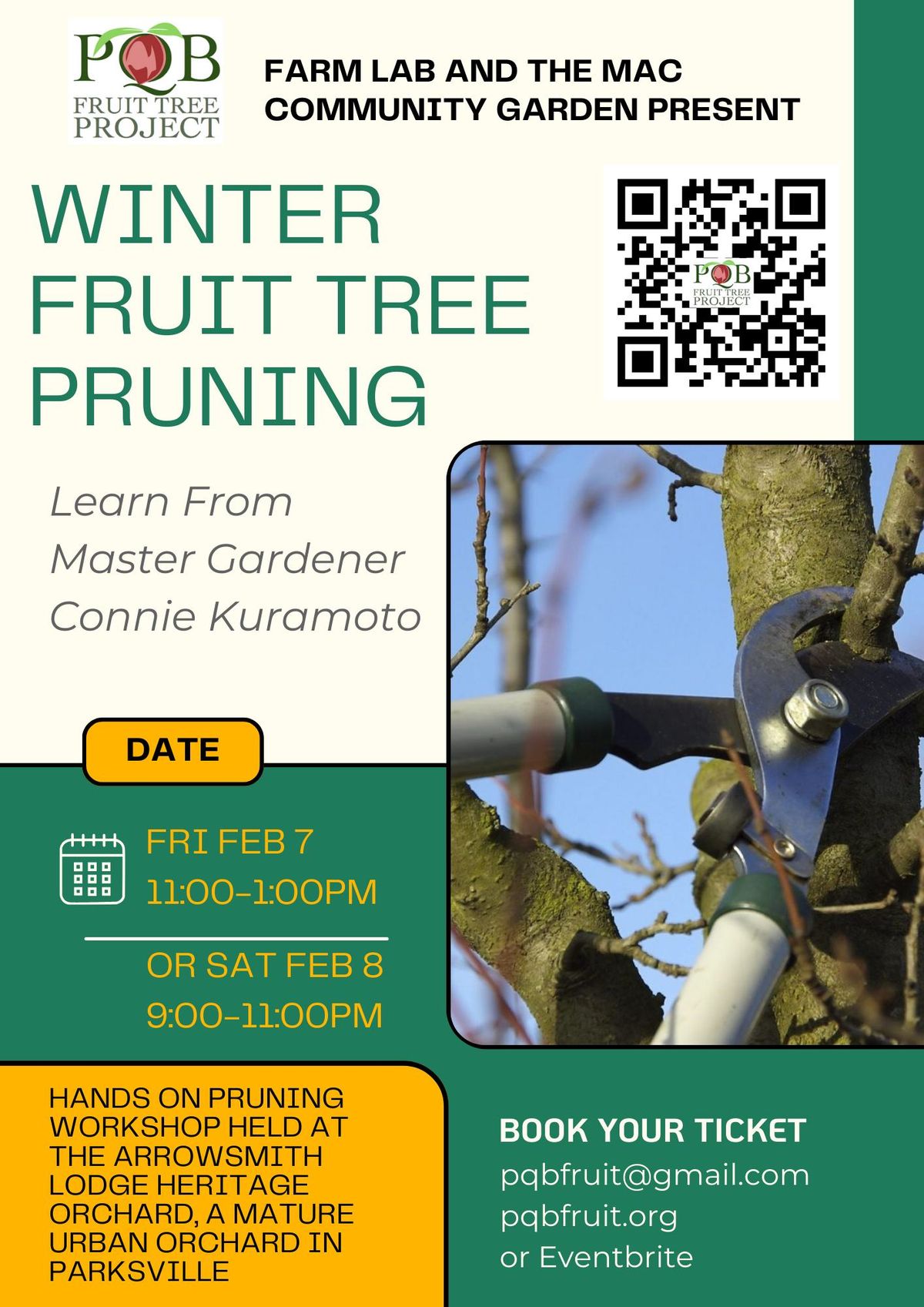 Fruit Tree Pruning Workshop, Friday or Saturday Feb 7 or Feb 8