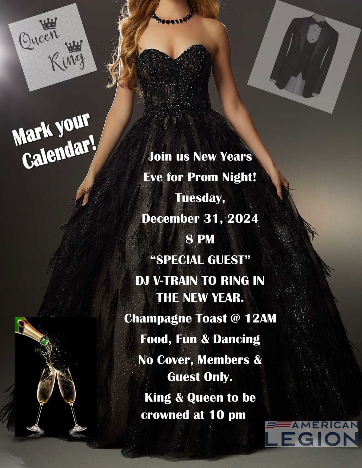 New Years Eve, Senior Prom Night 12\/31\/24..members and Guest-Champagne toast, food & fun- No Cover