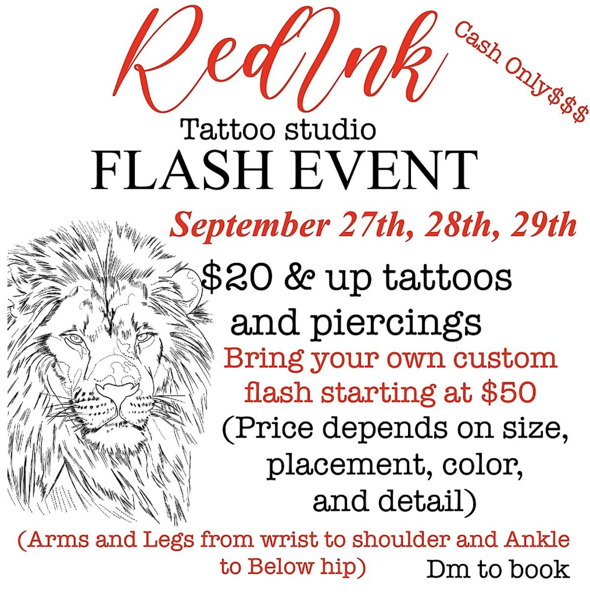 FLASH $20  AND UP TATTOOS AND PIERCINGS SEPTEMBER 27TH 28TH AND 29TH