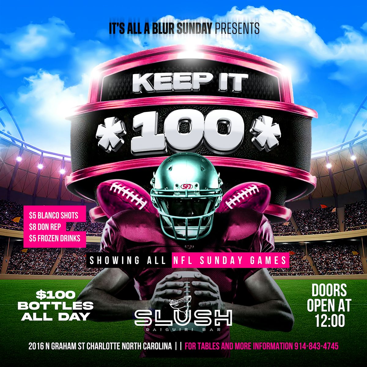 Keep it 100! Sunday funday! $100 bottles, $7 don rep, $5 beer, $10 chicken and waffles, football