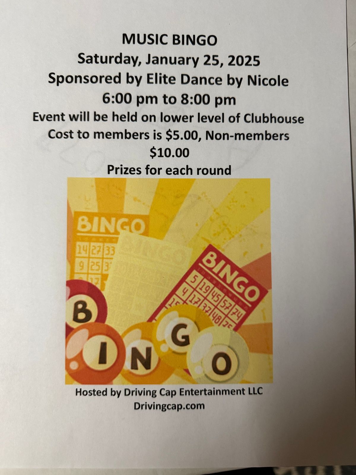 Music Bingo sponsored by Elite Dance by Nicole