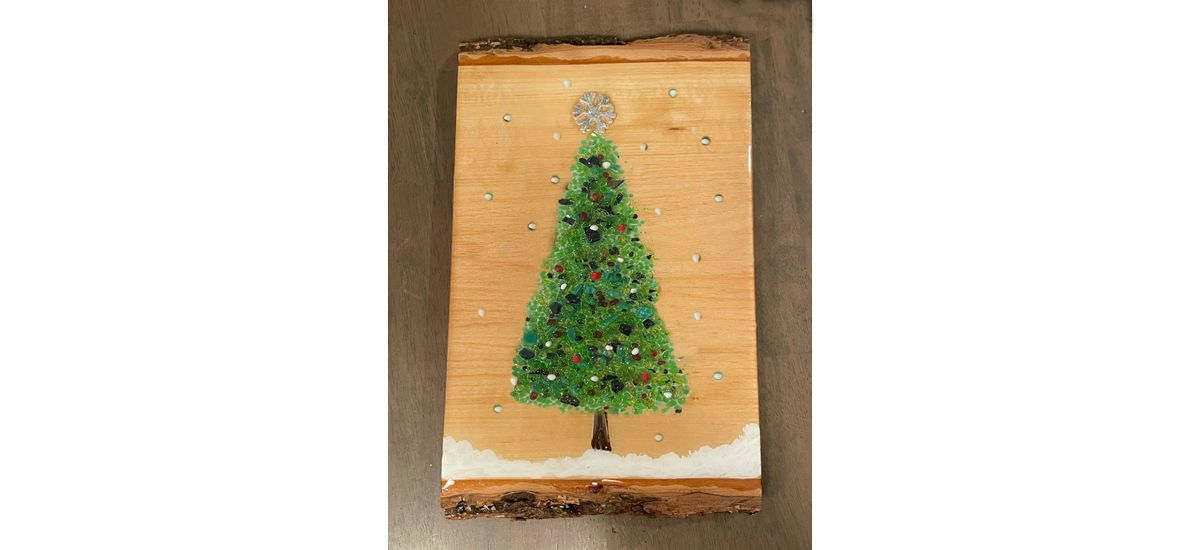 Crushed Glass Christmas Tree on Live Edge Wood Paint Sip Art Class Canton