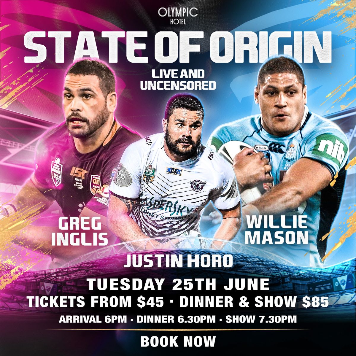 State of Origin LIVE SHOW ft. Inglis, Horo & Mason at The Olympic Hotel!